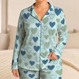 Blue Green Heart Motifs for Cozy Evenings and Thoughtful Gifts for Men at Home Satin Pajamas Set