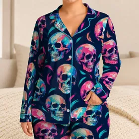 Neon Skull Motifs for Bold Beach Escapes and Relaxed Coastal Weekends for Him Satin Pajamas Set