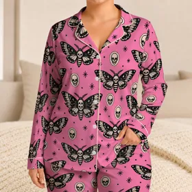 Skull Moth and Ivory Cameo Motifs for Playful Gothic Lounging and Alternative Style Lovers Satin Pajamas Set
