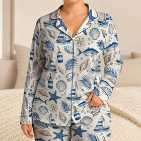 Blue Ocean Sea Life and Sailboats for Relaxed Coastal Getaways and Beach Holidays All Summer Satin Pajamas Set