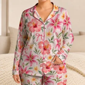 Watercolor Hibiscus And Lily Blooms For Tropical Holiday Lounging And Relaxed Mornings Satin Pajamas Set