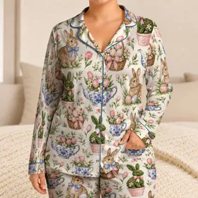 Bunny And Easter Egg Motifs For Cozy Spring Family Celebrations Satin Pajamas Set