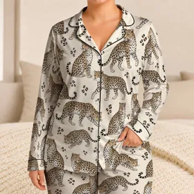 Leaping Leopard Cats for Cozy Safari Nights and Relaxed Wildcat Lounging at Home Satin Pajamas Set