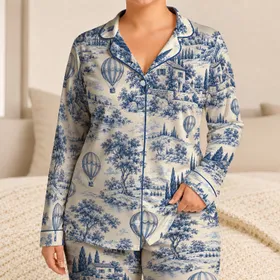 Blue Toile Hot Air Balloon Countryside Scenes for Cozy Getaways and Relaxed Evenings Satin Pajamas Set