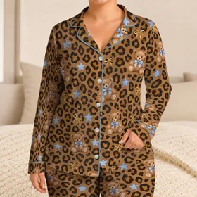 Leopard Spots, Blue Stars and Teddy Bears for Cozy Weekend Lounging and Relaxation Satin Pajamas Set