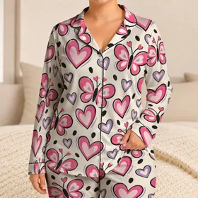 Pink Hearts And Whimsical Butterflies For Cozy Summer Lounging Satin Pajamas Set