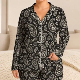 Black And Ivory Paisley Bandana Motifs for Cozy Weekend Lounging and Relaxed Evenings Satin Pajamas Set