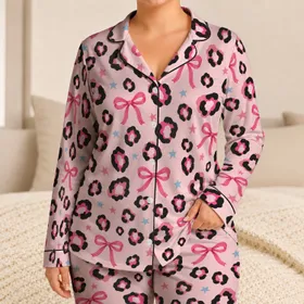 Blush Pink Leopard Spots and Bow Accents for Cozy Sweet-Edgy Giftable Evenings at Home Satin Pajamas Set