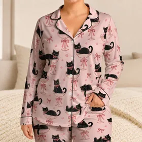 Black Cats in Bow-Tied Cocktail Glasses for Whimsical Cozy Nights at Home Satin Pajamas Set