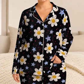 White Daisy And Blue Star Motifs For Playful Everyday Comfort And Relaxed Lounging Satin Pajamas Set
