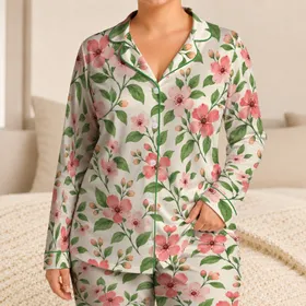Blush Blossoms And Fresh Green Vines For Cozy Springtime Lounging At Home For Her Satin Pajamas Set