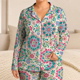 Colorful Mandala and Floral Motifs for Cozy Weekend Lounging and Relaxed Evenings Satin Pajamas Set