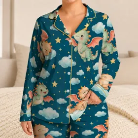 Whimsical Baby Dragons Among Clouds for Cozy Bedtime Dreams and Nighttime Magic Satin Pajamas Set