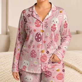 Blush Easter Bunny And Egg Lounge Outfit For Girls And Tweens At Home For Spring Mornings Satin Pajamas Set