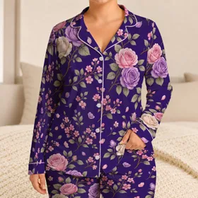 Royal Violet Rose Bouquet Motifs For Romantic Lounging And Holiday Gifting For Her Satin Pajamas Set