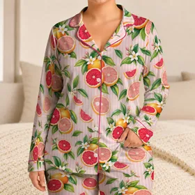 Pink Grapefruit Citrus Stripes for Relaxing Bedtime Lounging, Women's Cozy Home Style Satin Pajamas Set