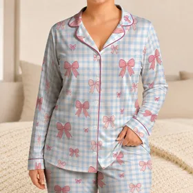 Dusty Rose Ribbon Bows Blue Gingham Cozy Bedtime Loungewear Gift For Women, Moms Satin Pajamas Set