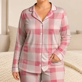 Blush Pink Gingham Checks for Cozy Home Lounging and Romantic Weekend Getaways Women Satin Pajamas Set