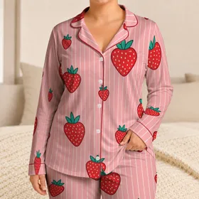 Pink Striped Strawberry Motif for Cozy Summer Lounging, Holiday Gifting, and Women Satin Pajamas Set