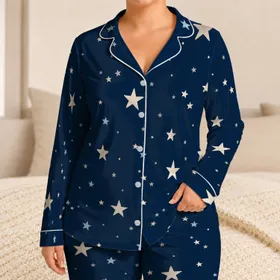 Midnight Navy Five Point Stars for Dreamy Bedtime Lounging Women's Nightwear Set Satin Pajamas Set