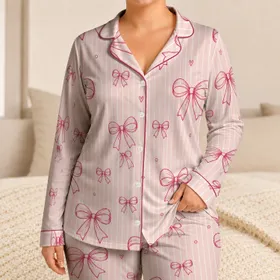 Blush Pink Bow Ribbon Stripes for Cozy Autumn Lounging and Bedtime Gifts for Women Satin Pajamas Set
