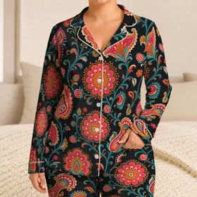 Vintage Folk Floral Paisley Botanical Motifs for Cozy Autumn Winter Lounging Women Satin Pajamas Set