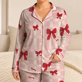 Cute Red Bow Gingham Lounge Set, Cozy Holiday Homewear Gift for Women, Teens, and Girls Satin Pajamas Set