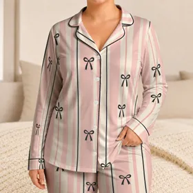 Blush Pink Ivory Stripes With Charcoal Bows Elegant Cozy Loungewear Gift For Women Satin Pajamas Set