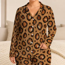 Warm Caramel Leopard Rosettes for Cozy Bedtime Lounging and Relaxed Gift Giving for Women Satin Pajamas Set