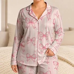 Blush Pink Bow Ribbon Vertical Stripe Lounge Set For Cozy Nights And Relaxed Weekends Satin Pajamas Set