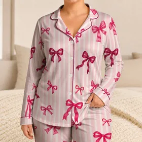 Pink Ribbon Bow Stripes For Spring Summer Women's Soft Cozy Bedtime Lounge Lifestyle Satin Pajamas Set