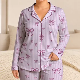 Lavender Stripe Bow Lounge Set For Cozy Evenings, Relaxing Weekends And Gift Giving Satin Pajamas Set