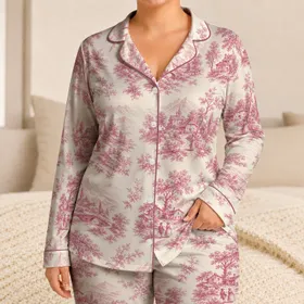 Pink Mountain Floral Toile Countryside Scenes for Relaxing Bedtime Lounging Women Satin Pajamas Set