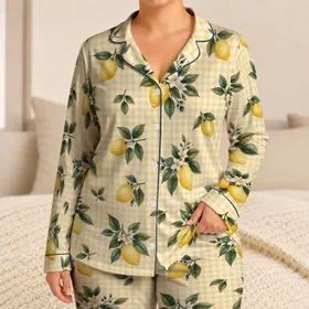Lemon Gingham Botanical Loungewear Set for Sunny Mediterranean Relaxation at Home Satin Pajamas Set