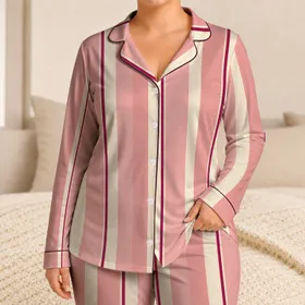 Blush Pink Ivory Vertical Stripes Cozy Bedtime Gift For Women In A Boutique Home Satin Pajamas Set