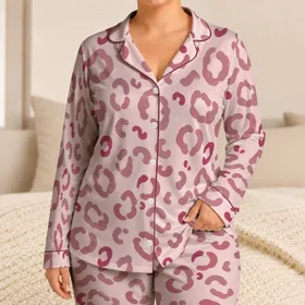 Blush Pink Leopard Spots For Summer Lounging, Elegant Rose Style Gift For Chic Women Satin Pajamas Set