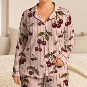 Burgundy Cherry Sprigs on Blush Pinstripes for Cozy Bedtime Lounging and Relaxing Satin Pajamas Set
