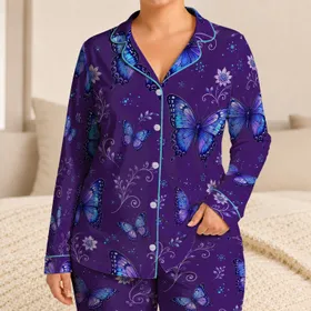 Blue Violet Butterfly Botanical Look for Lounging and Travel, Women's Relaxed Fit Satin Pajamas Set