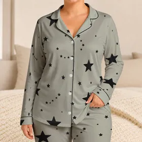 Monochrome Starry Night Sky With Sage Gray Celestial Stars For Women's Bedtime Lounging Satin Pajamas Set