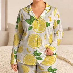 Fresh Lemon Slices and Green Leaves for Bright Summer Vacation Travel Style for Women Satin Pajamas Set
