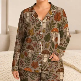 Autumn Mushroom Botanical Motifs For Cozy Fall Nights And Cottagecore Home Lovers Satin Pajamas Set