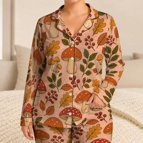 Autumn Mushroom And Berry Botanicals For Cozy Fall Lounging At Home And Woodland Lovers Satin Pajamas Set