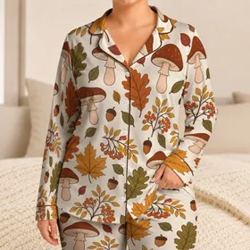 Vintage Autumn Mushrooms And Maple Leaves For Cozy Fall Lounging Women Satin Pajamas Set