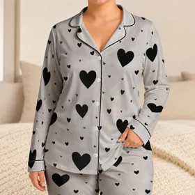 Minimal Black Heart Scatter for Cozy Bedtime and Relaxed Weekend Comfort for Women Satin Pajamas Set