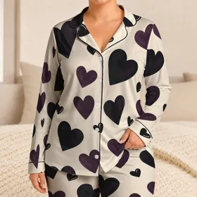 Black And Plum Hand Painted Heart Motifs For Romantic Bedtime And Cozy Nights At Home Satin Pajamas Set
