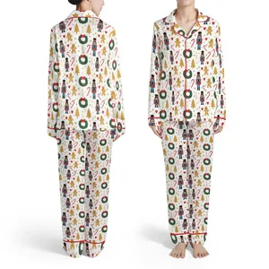 Nutcracker Gingerbread Wreath Christmas Repeating Pattern: Candy Cane Candle Golden Tree Satin Pajamas Set