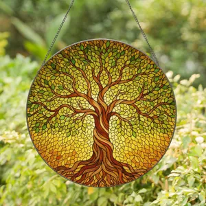 Gnarled Tree of Life Stained Glass Tiffany Style Jewel Tone Amber Yellow Orange Stained Glass Suncatcher