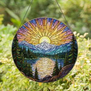 Tiffany Style Stained Glass Mountain Lake - Evergreen Snowy Peaks Sunrise Sunset Window Art Stained Glass Suncatcher