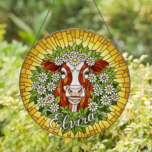Cow Head Daisy Garland Elvira Name Stained Glass Tiffany Mosaic Art Amber Gold Stained Glass Suncatcher