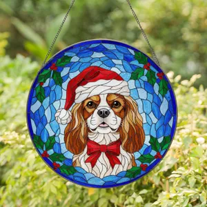 Cavalier King Charles Spaniel Santa Hat Holly - Tiffany Style Christmas Dog Lover Gift Stained Glass Suncatcher